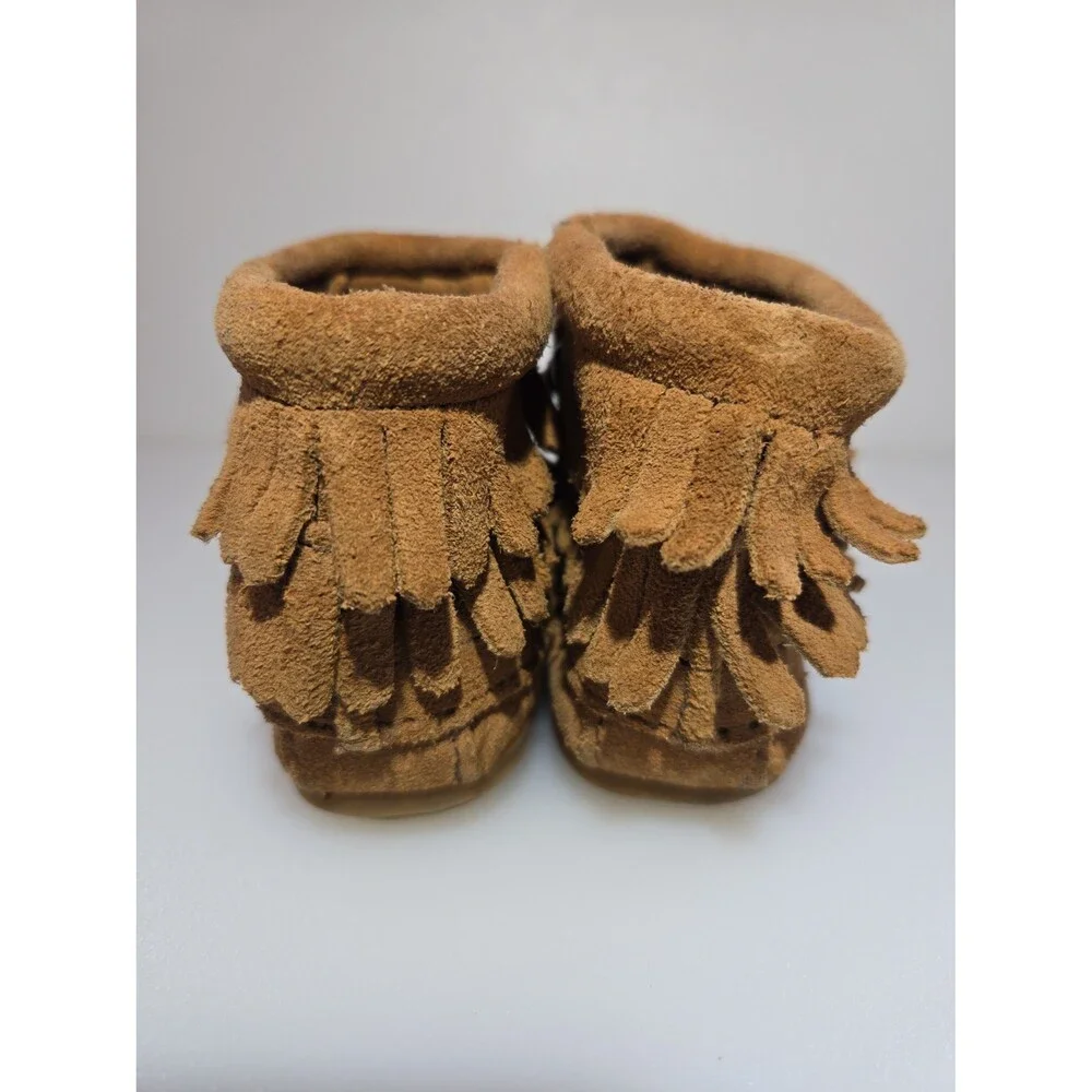 Minnetonka Kids Size 6 Double Fringe Moccasins Bootie Brown Leather Side Zipper